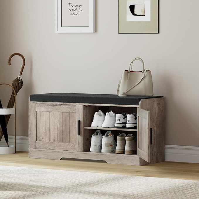 Homleke Shoe Storage Bench, 2 Doors & Thickened Padded Seat Cushion