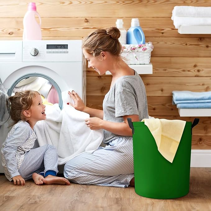 Large Laundry Hamper Bag, Solid Green Trend Color Collapsible Laundry Basket with Drawstring Dirty Clothes Organizer Washing Bin for Family Essentials Storage