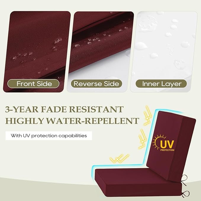 Wellsin Outdoor Deep Seat Patio Cushions, 22 x 22 Waterproof & 3-Year Fade Resistant Outdoor Cushions with Removable Covers,Ties and Handle for Chair, Sofa, Couch, Burgundy