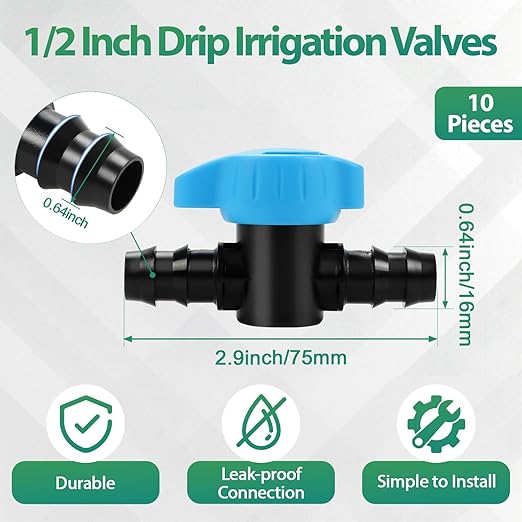 RedChili 10 Pack 1/2 Inch Irrigation Shut Off Valves, Drip Irrigation Barbed Shutoff Valve for 1/2 Inch Drip Irrigation Tubing 16mm Shut-Off/On Valve Regulate Water Flow, Male x Male