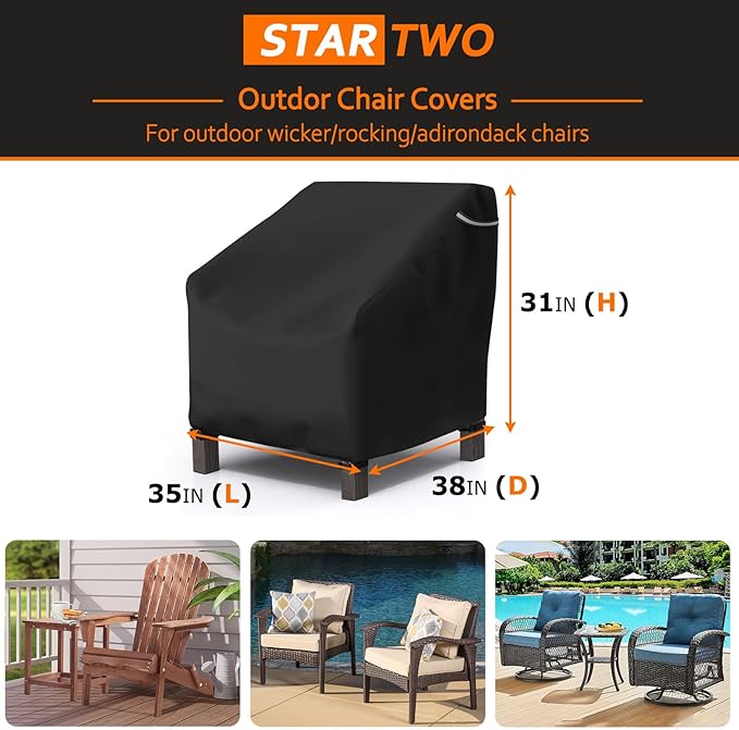 STARTWO Patio Outdoor Chair Covers 2 Pack, Outdoor Furniture Covers Waterproof adapter for Lawn Lounge Seat, Wicker, Swivel, Adirondack, Rocking Chairs, 35" Wx 38" D x 31" H inch, Black