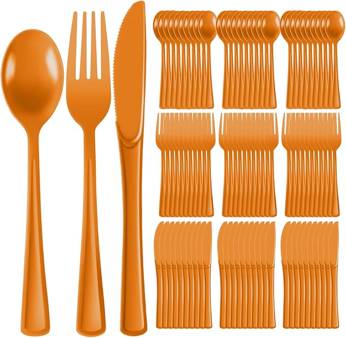 Plastic Silverware 300 PCS Disposable Silverware Heavy Duty Utensil Sets 100 Of Each Forks Knives & Spoons Disposable Cutlery Set For Easter,Birthday,Baby Shower,Garden Party,Wedding(300,Orange)