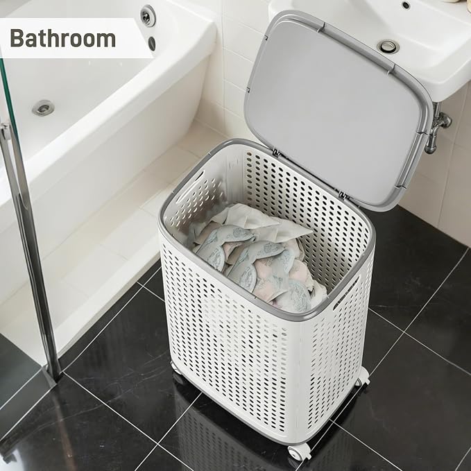 Rolling Plastic Laundry Basket with Lid, Ventilated, White (2-Pack, Large)