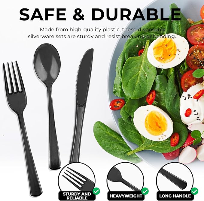 75 PCS Plastic Silverware Disposable Silverware Heavy Duty Utensil Sets 25 Of Each Forks Knives & Spoons Disposable Cutlery Set For Easter,Birthday,Baby Shower,Garden Party,Wedding(75,Black)