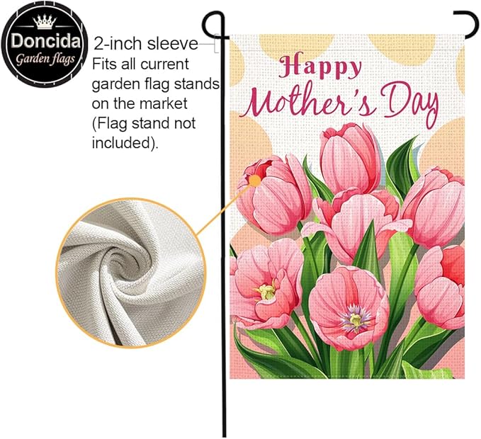 Doncida Happy Mother’s Day Garden Flag 12x18 Inch Burlap Double Sided Pink Tulip Floral Yard Flag Farmhouse Holiday Outside Decorations