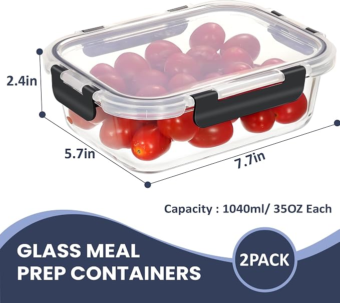 HOTEC 35OZ Glass Food Storage Container, Airtight Glass Lunch Fruit Containers with Lids - Microwave, Oven, Freezer and Dishwasher Safe, 2-PACK