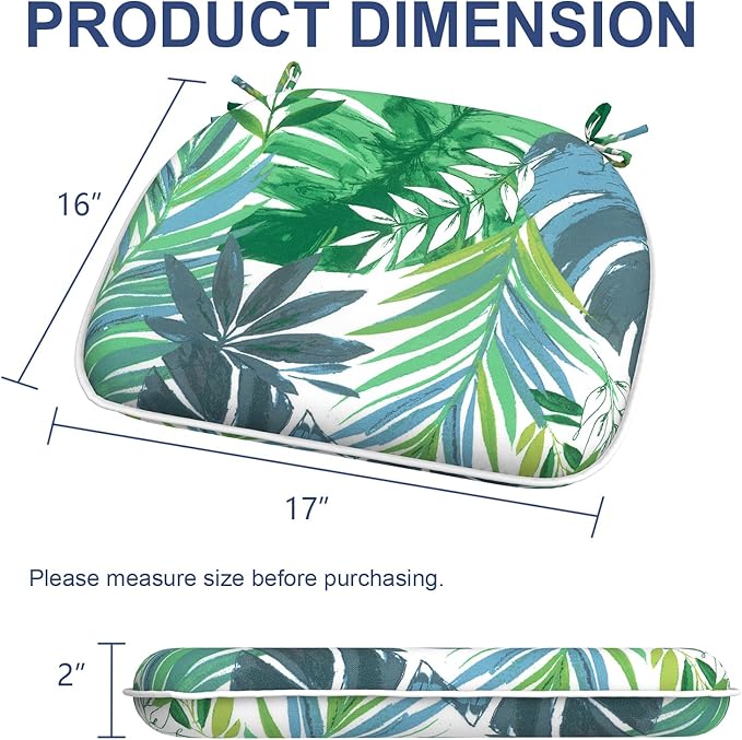 Outdoor Chair Cushions Set of 2, Water Resistant Patio Chair Pads with Ties, Seat Cushions for Home Garden Furniture Decoration, 16"x17", Islamorada Blue Green