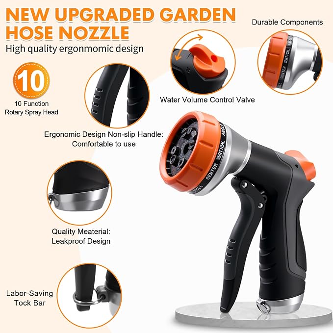Garden Hose Nozzle,Hose Spray Nozzle with Water Volume Control Valve,High Pressure Water Hose Nozzle Sprayer with Adjustable 10 Patterns for Plants & Lawns Watering,Car Washing and Pet Showering