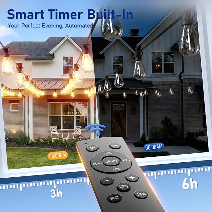 30FT LED Outdoor String Lights with Remote, One Continuous Strand Patio Lights with 10+1 Shatterproof S11 Bulbs, Dimmable 2700K Warm White, Timer & 3 Modes, Low Voltage for Backyard Garden