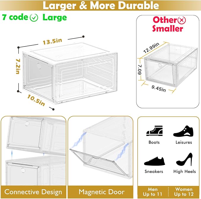 Large Thick Clear Shoe Organizer, Magnetic Door Stackable Shoe Storage Box