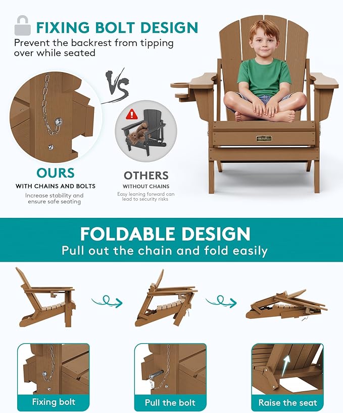 SERWALL Folding Adirondack Chair, All Weather Adirondack Chairs with Cup Holder for Patio Garden Outdoors Fire Pit Chair - Brown