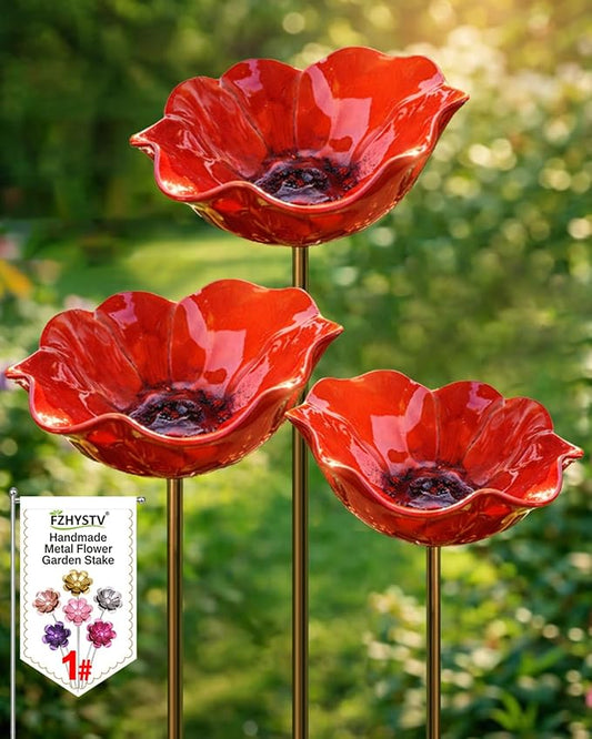 Metal Flower Garden Stakes Bird Bath Bowl, Handmade Resin Hummingbird Bath Cup, Pollinator Watering Station with Tall Fountain, Weather-Resistant Bee Butterfly Puddler Decor for Outdoor Lawn Yard (3)