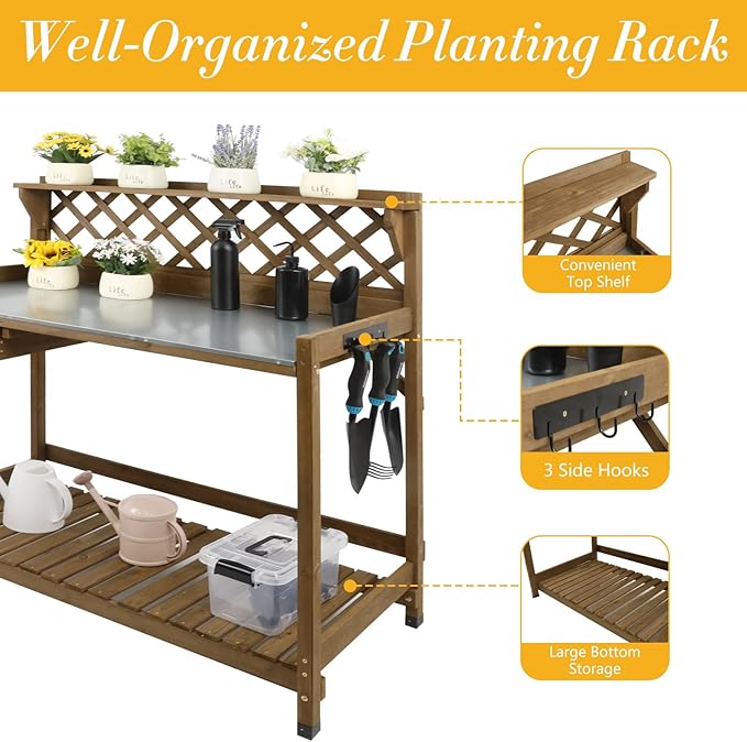 Ketive Garden Potting Bench with Metal Tabletop,Outdoor Potting Table Workstation Benches with Drawer/Storage Shelf，Fir Wood Potting Station Work Table with Open Shelf,Lattice Back (Brown)