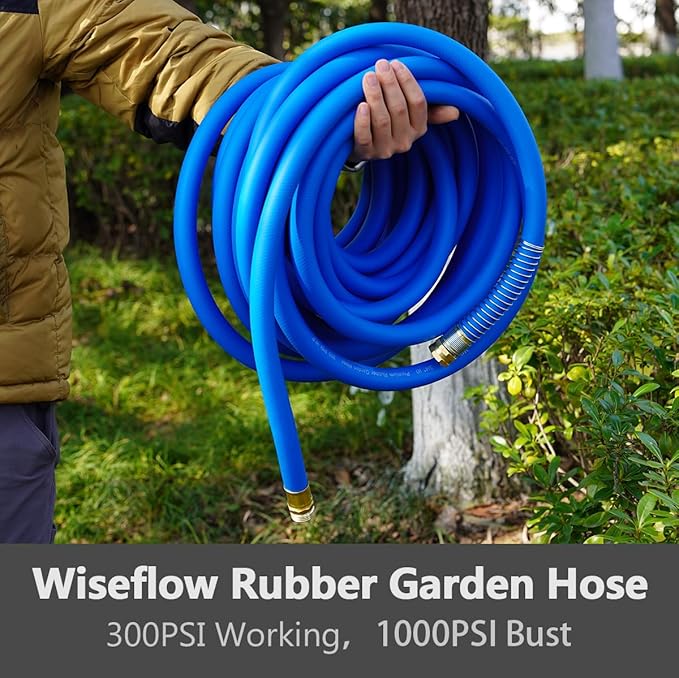 Wiseflow Garden Hose 25FT x 3/4", Heavy Duty Rubber Hose, Water Hose with Five Layered Braiding, Male Female Fittings, 1000PSI Burst, 300PSI Working for Yard, Car Wash, Pets (Blue)