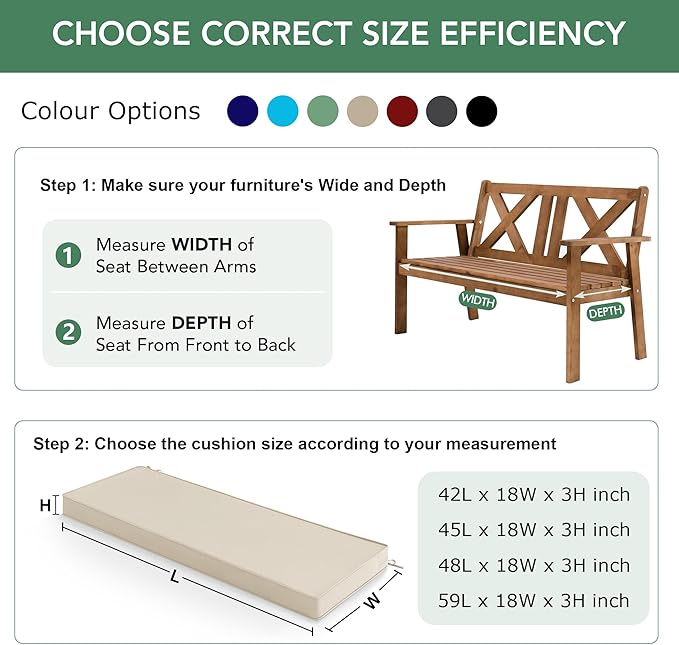 Summsun Outdoor Bench Cushion: Waterproof and Fade Resistant Patio Furniture Cushions - Non-Slip Bench Pad Cushion with Removable Cover for Garden Swing Porch Sofa Settee, 45 x 18 Inch, Beige