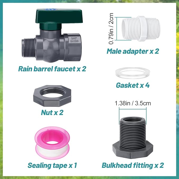 2 Pcs Easy Install Rain Barrel Spigot Kit, 3/4 Inch Rain Barrel Valve with Hose Faucet Adapter Thread Sealing Tape, Durable PVC Barrel Diverter Kit for Garden Barrels Water Tanks Aquariums