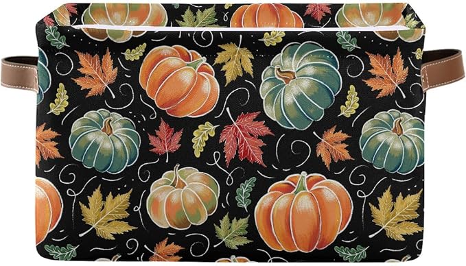 Pumpkin Black Storage Basket Fabric Kitchen Baskets Fall Maple Leaves Autumn Open Home Storage Bins Boxes Foldable Organizer Bag for Baby Cloth Pet Toy Book Shelf Closet Baskets 2 Pack 16×12×8 Inches
