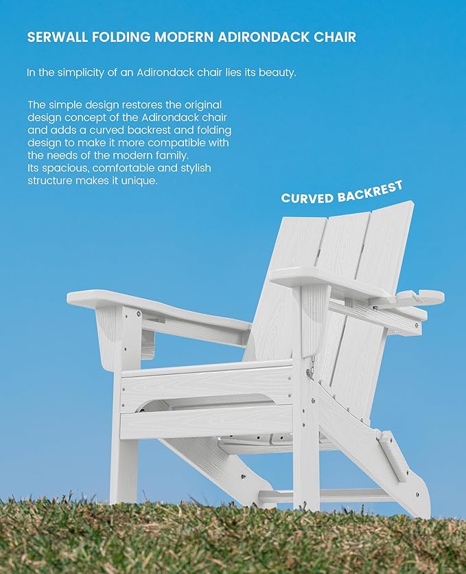SERWALL Modern Folding Adirondack Chair Set of 2, All Weather Resistant Outdoor Adirondack Chair with Cup Holders, HDPE Adirondack Chair for Patio Lawn Garden, White