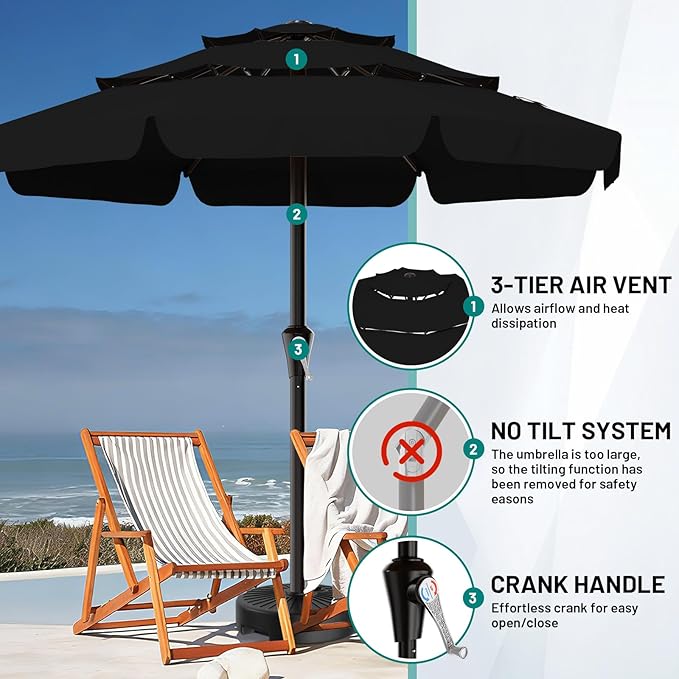 AreShark 11FT 3-Tiers Patio Umbrella with Valance, Outdoor with Crank, Large Outdoor Market Umbrellas Vented with 8 Sturdy Ribs, Patio Table Umbrellas for Garden, Deck, Backyard, Pool, Black