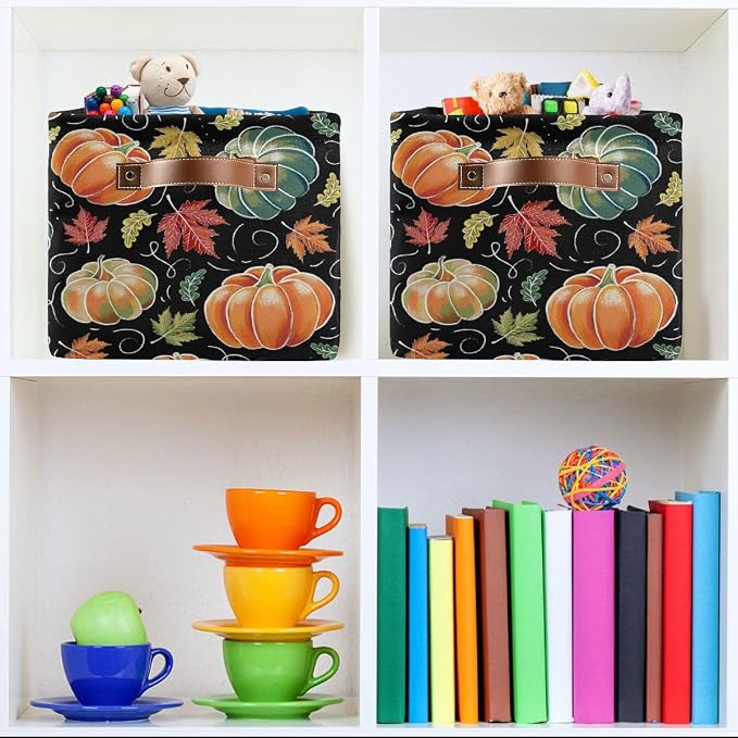 Pumpkin Black Storage Basket Fabric Kitchen Baskets Fall Maple Leaves Autumn Open Home Storage Bins Boxes Foldable Organizer Bag for Baby Cloth Pet Toy Book Shelf Closet Baskets 2 Pack 16×12×8 Inches