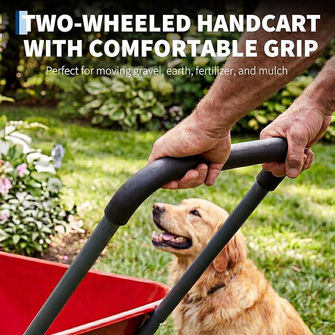 Garden Wheelbarrow Cart, Heavy Duty Utility Cart with Dual Wheels and Built-in Stand, Iron and Plastic Yard Cart for Home, Lawn and Garden