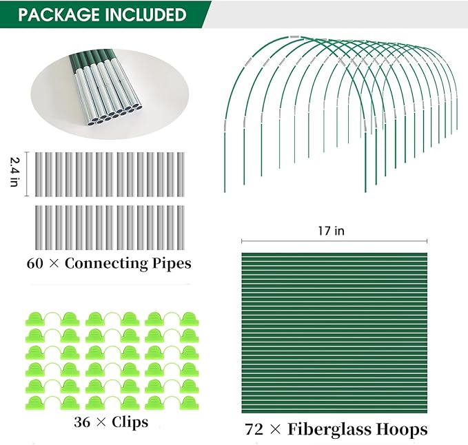 72Pcs Garden Hoops for Raised Beds Wide, 12 Sets of 8Ft Greenhouse Hoops Grow Tunnel, Rust-Free Fiberglass Hoops Frame for Row Cover Netting Shade Cloth DIY Garden Stakes Supplies