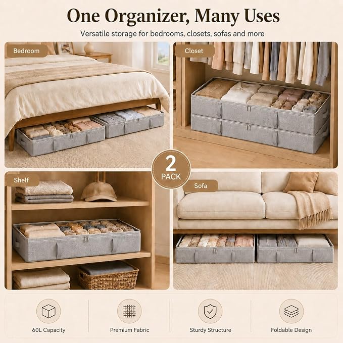 Side-Supported Under Bed Storage Containers, 6 Inch 60L Clothes Storage Bin | Underbed Storage Bin with Sturdy Handles and Sidewalls, Closet Organizer for Clothes, Blankets, Seasonal Items, Gray, 2 Pack