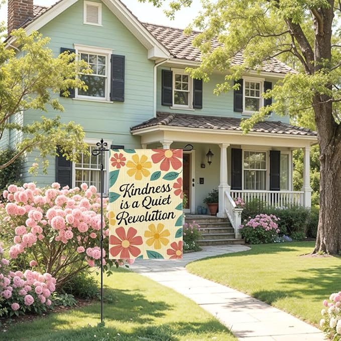 Kindness Is a Quiet Revolution Garden Flag Double Sided Yard Outdoor Decoration 12x18 Inch, Inspirational Vector Floral Yard Garden Flag, Vintage Floral Outdoor Positive Decorative Banner