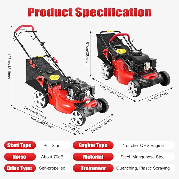 Gas Lawn Mower, 5HP 140CC 4-Stroke Self Propelled Gas Lawn Mower 2800RPM High Speed Gas Powered Weed Sweeping Machine with 20-Inch Cutting Width, 8 Gears Height Adjustable Lawn Mower for Garden Lawn