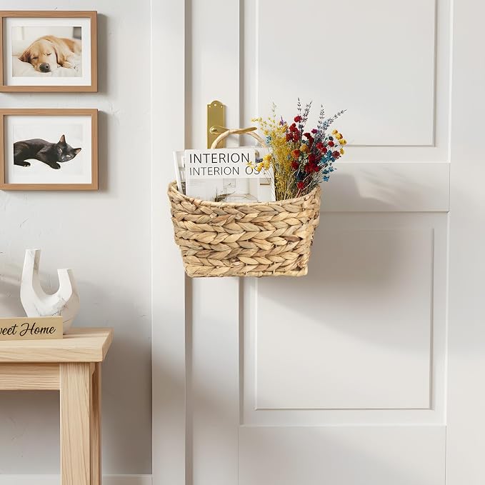 Hanging Wall Basket Handwoven Wicker Basket, Natural Water Hyacinth