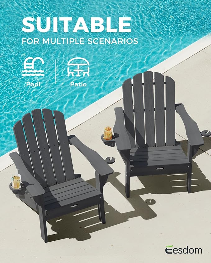 Folding Adirondack Chair, HDPE Adirondack Chair with 2 Cup-Holders, Outdoor Fire Pit Chairs for Poolside, Garden, Patio, Grey