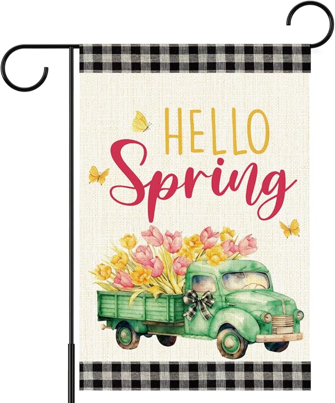 Hello Spring Flags for Outside,Buffalo Plaid Floral Truck Garden Flag for Yard Patio Lawn Decoration,12x18 Inch Double Sided