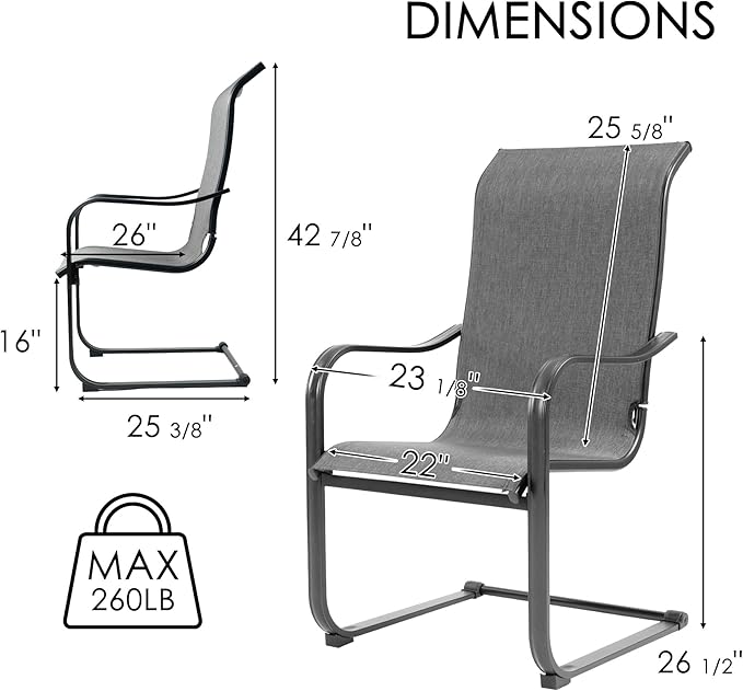 Kozyard C-Spring Patio Chairs Set of 2 High Back Dining Chairs Breathable Textilene Fabric Sturdy Metal Frame for Backyard, Lawn, Deck (Gray)