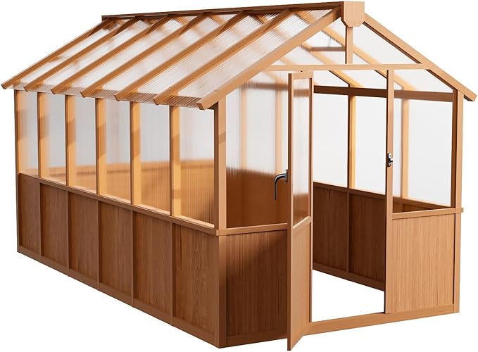 6x12 FT Wooden Greenhouse ,Natural Wood Garden House for Plants,Heavy Duty Green House with Polycarbonate Panel, Walk-in Large Garden Greenhouse for Yard, Patio, and Backyard