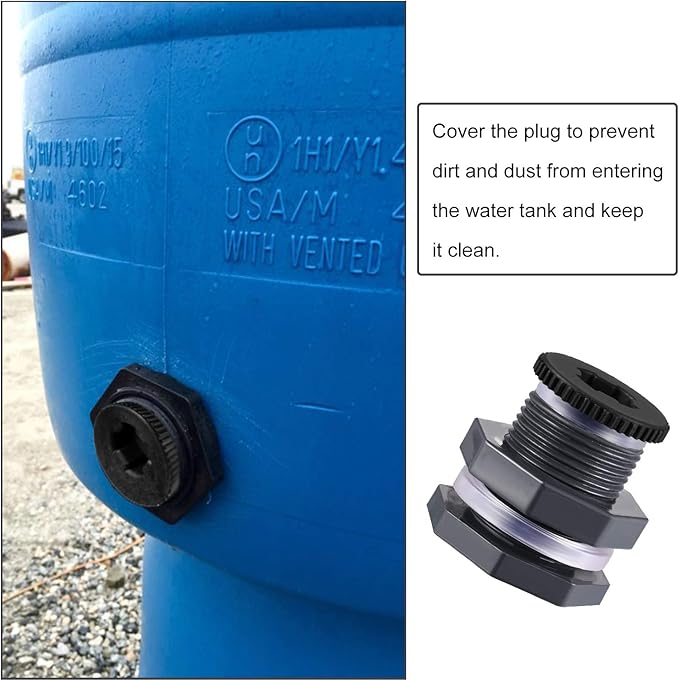 Outus 2 Pieces PVC Bulkhead Fitting with Plugs for Rain Barrels, Aquariums, Water Tanks, Tubs, Pools (3/4 Inch+4 mm Thick Silicon Seal Gaskett,Dark Grey)