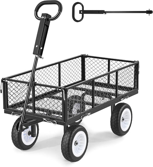 VEVOR 900 LBS Steel Garden Cart, 2 in 1 Handle, Heavy Duty Pullable Garden Wagon with 10" Flat-Free Tires, Outdoor Utility Yard Wagon Cart with Detachable Side Panels, Attach to ATV or Tractor
