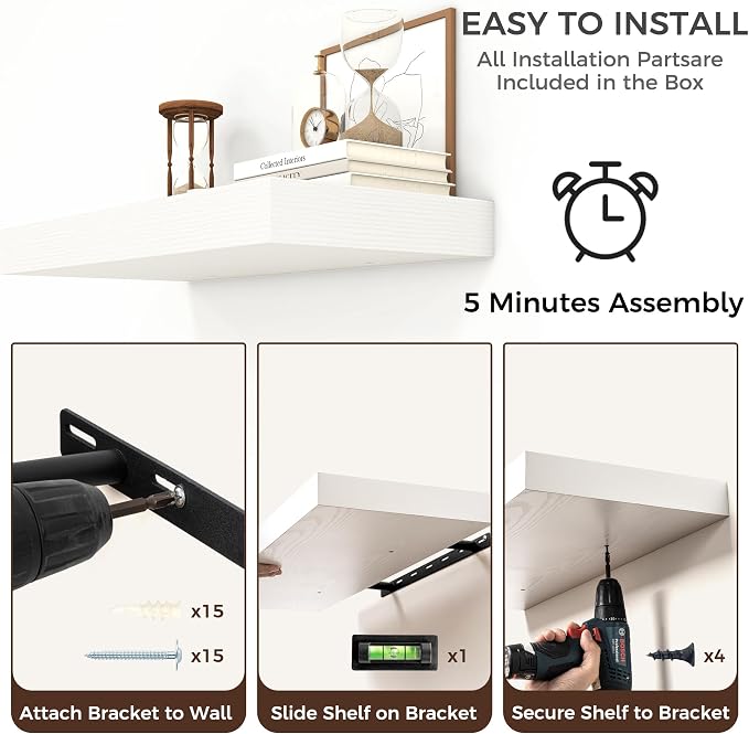 72 Inch Floating Shelves for Wall, 12"D Wood Storage Shelves, White Finish