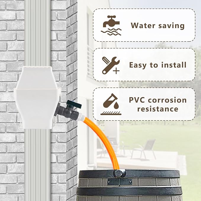 Rain Barrel Diverter Kit - Rainwater Collection System Fits 2x3 or 3x4 Inch Downspout with Filter and PVC Spigot