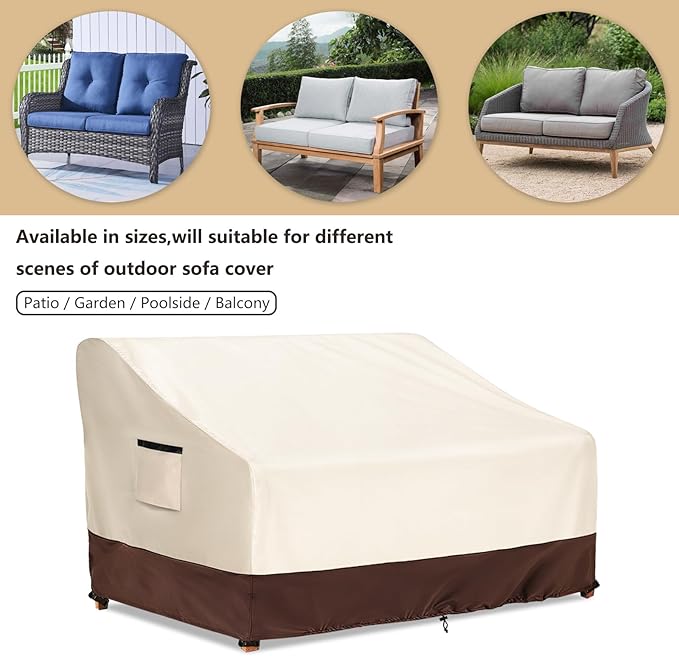 3-Seater Patio Sofa Cover, 600D Heavy Duty Waterproof Outdoor Sofa Covers, 76 W x 32.5 D x 33 H Inches Outdoor Couch Cover, Patio Furniture Covers, Lvory&Brown
