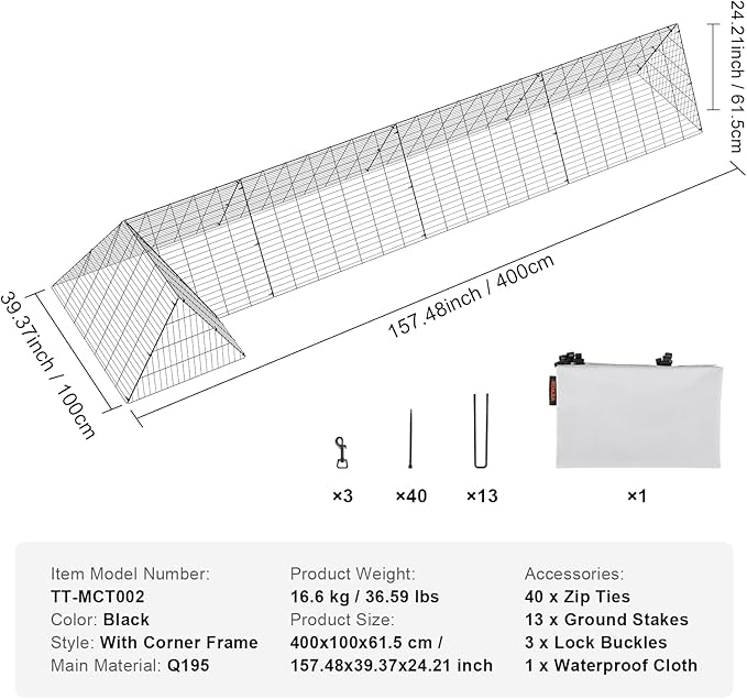 VEVOR Chicken Tunnels for Yard, Metal Poultry Playpen for Outside with Waterproof Cover & Corner Frames, 157.5 x 39.4 x 24.2 inch(LxWxH), Also Widely Used for Ducks, Rabbits, Geese Coop