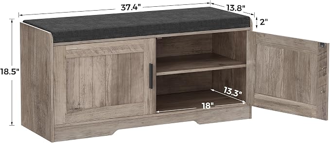 Homleke Shoe Storage Bench, 2 Doors & Thickened Padded Seat Cushion
