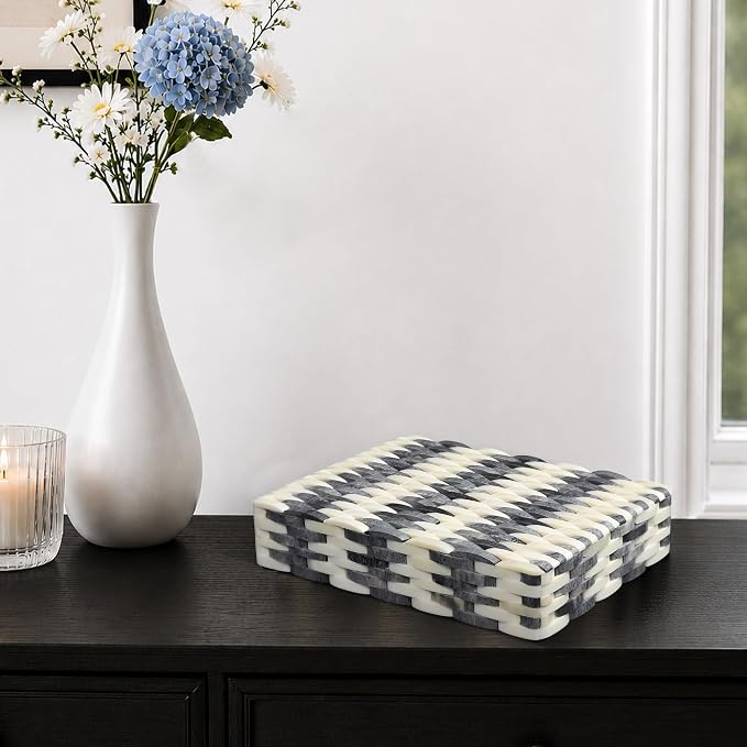 Handicrafts Home Large Decorative Storage Box with Lid– 8x6x1.5” Coffee Table Organizer, Keepsake-Decorative Boxes for Home Decor, Stylish Decorative Box for Office Décor-Weave- Grey White
