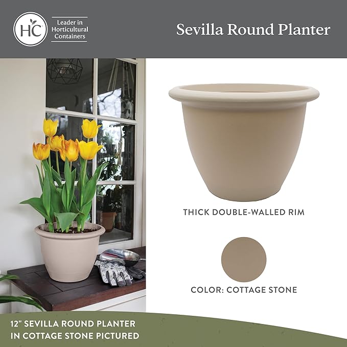 The HC Companies Sevilla Flower Planters - Durable Outdoor & Indoor Planter - Round Lightweight Self Watering Plant Pots for Herbs & More (12" Cottage Stone, Pack of 2)