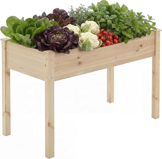 DUMOS Raised Garden Bed with Legs, 34x18x30 Inch Planter Box Outdoor with Liner for Herbs Flowers Vegetables, Elevated Wooden Garden Bed for Patio, Balcony and Backyard, Natural Wood