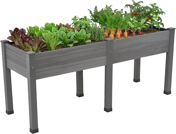 AMERLIFE Raised Garden Bed, 72x24x30 Inches Elevated Wood Planter Box with Legs, Bed Liner, Divider and Drainage System for Backyard, Patio, 300 lb Capacity - Grey