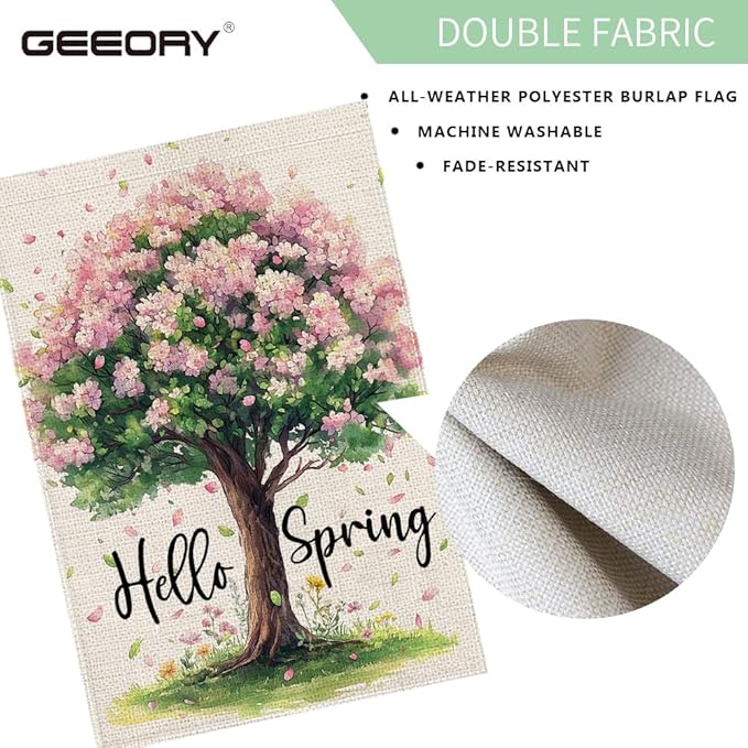 GEEORY Spring Garden Flag 12x18 Inch, Pink Floral Tree Double Sided Spring Summer Small Floral Flag, Farmhouse Rustic Outdoor Decor for Outside Yard Lawn Decoration