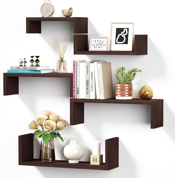 SRIWATANA Dark Walnut Floating Shelves, 5-Piece Set Wood Wall Storage Unit | Versatile Wood Shelves in 5 Different Sizes; Flexible DIY Layout to Fit Any Space in Bathroom, Bedroom, or Kitchen