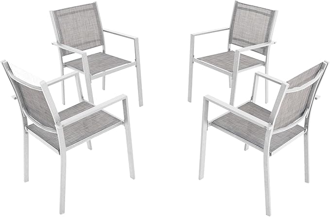 Patio Dining Chairs, All-Weather Textilene Outdoor Dining Chair Set of 4, Heavy-Duty Stackable Minimalist Outdoor Chairs with Armrest, Patio Chairs for Lawn Deck Pool, Grey and White