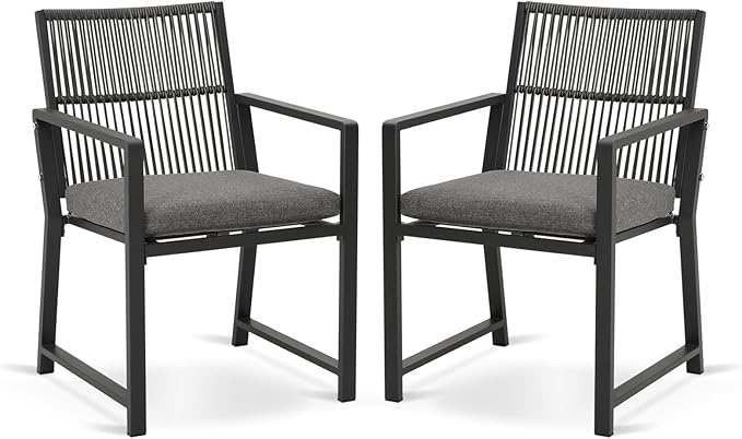 Outdoor Patio Wicker Rattan Dining Chairs, Heavy-Duty Wrought Iron Frame Supports 300lbs, Ergonomic Backrest, Detachable Breathable Cushion, for Garden & Porch, Black, Set of 2