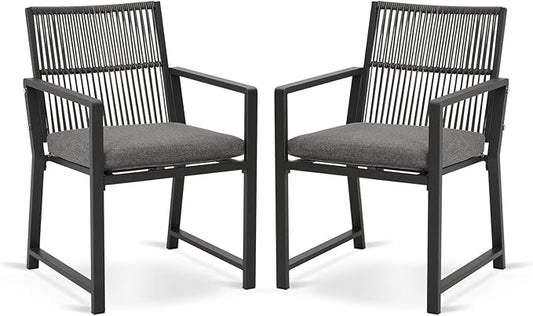 Outdoor Patio Wicker Rattan Dining Chairs, Heavy-Duty Wrought Iron Frame Supports 300lbs, Ergonomic Backrest, Detachable Breathable Cushion, for Garden & Porch, Black, Set of 2